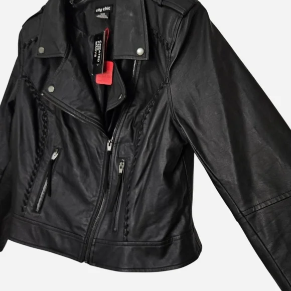 Black faux leather biker Jacket with braided details & zipper pockets womens XS - Picture 3 of 8